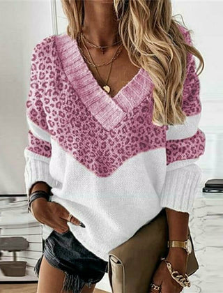 Women's V-Neck Sweater Leopard Print Long Sleeve Casual Stylish Everyday