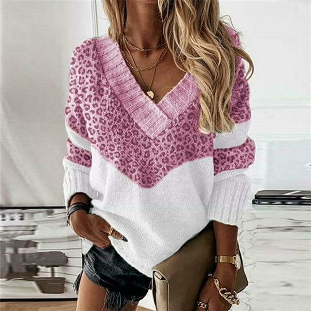 Women's V-Neck Sweater Leopard Print Long Sleeve Casual Stylish Everyday