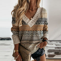 Women's Fair Isle V-Neck Knit Sweater Long Sleeve Cozy Casual Everyday