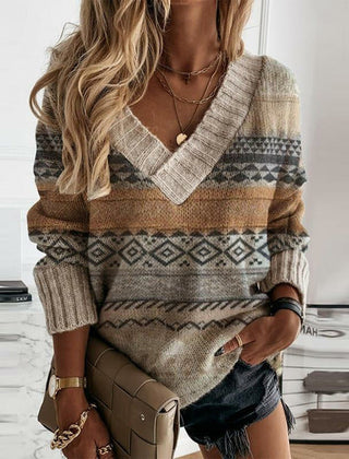 Women's Fair Isle V-Neck Knit Sweater Long Sleeve Cozy Casual Everyday
