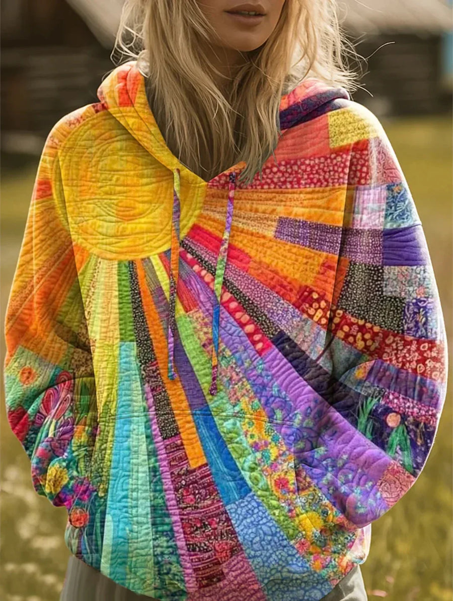 Women's Bohemian Patchwork Hoodie Relaxed Fit Long Sleeve Casual Everyday