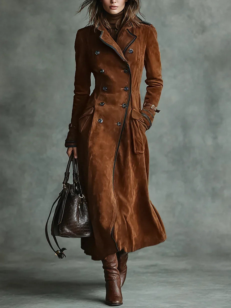 Women's Elegant Double-Breasted Long Coat Tailored Fit Classic Styling