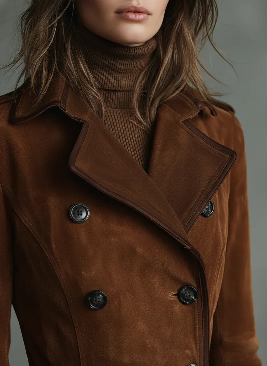 Women's Elegant Double-Breasted Long Coat Tailored Fit Classic Styling