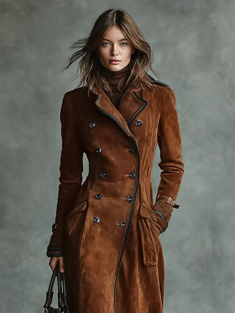 Women's Elegant Double-Breasted Long Coat Tailored Fit Classic Styling