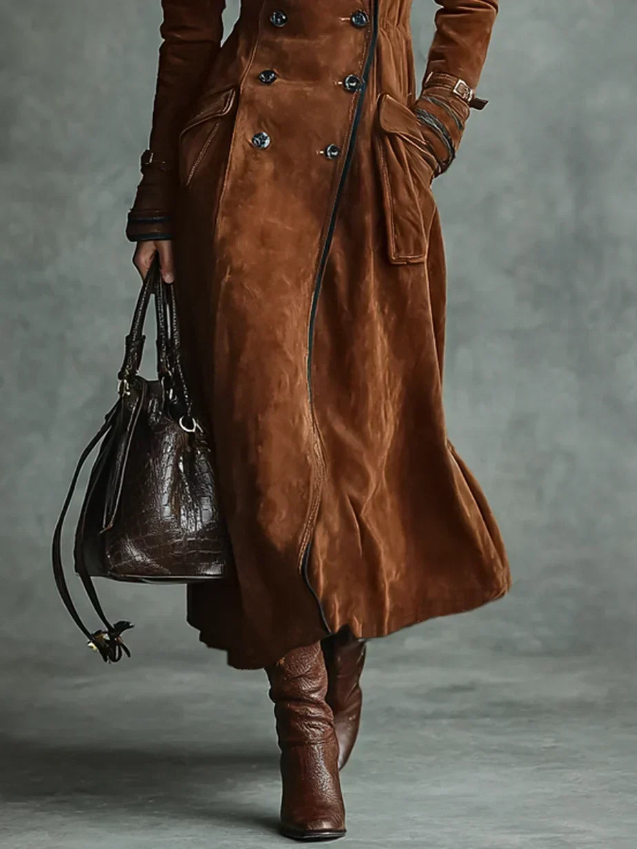 Women's Elegant Double-Breasted Long Coat Tailored Fit Classic Styling