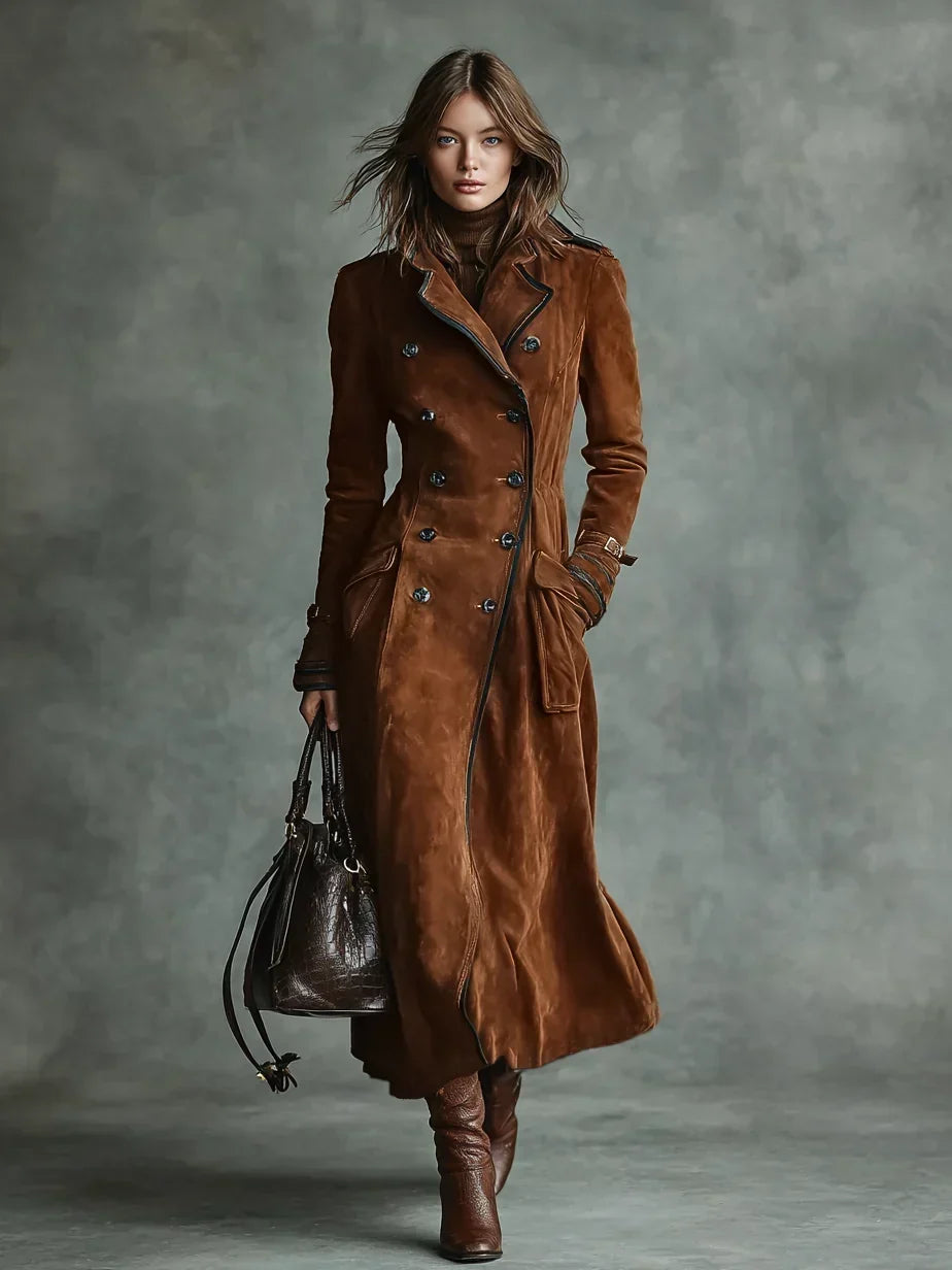 Women's Elegant Double-Breasted Long Coat Tailored Fit Classic Styling
