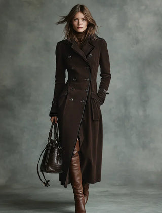 Women's Elegant Double-Breasted Long Coat Tailored Fit Classic Styling