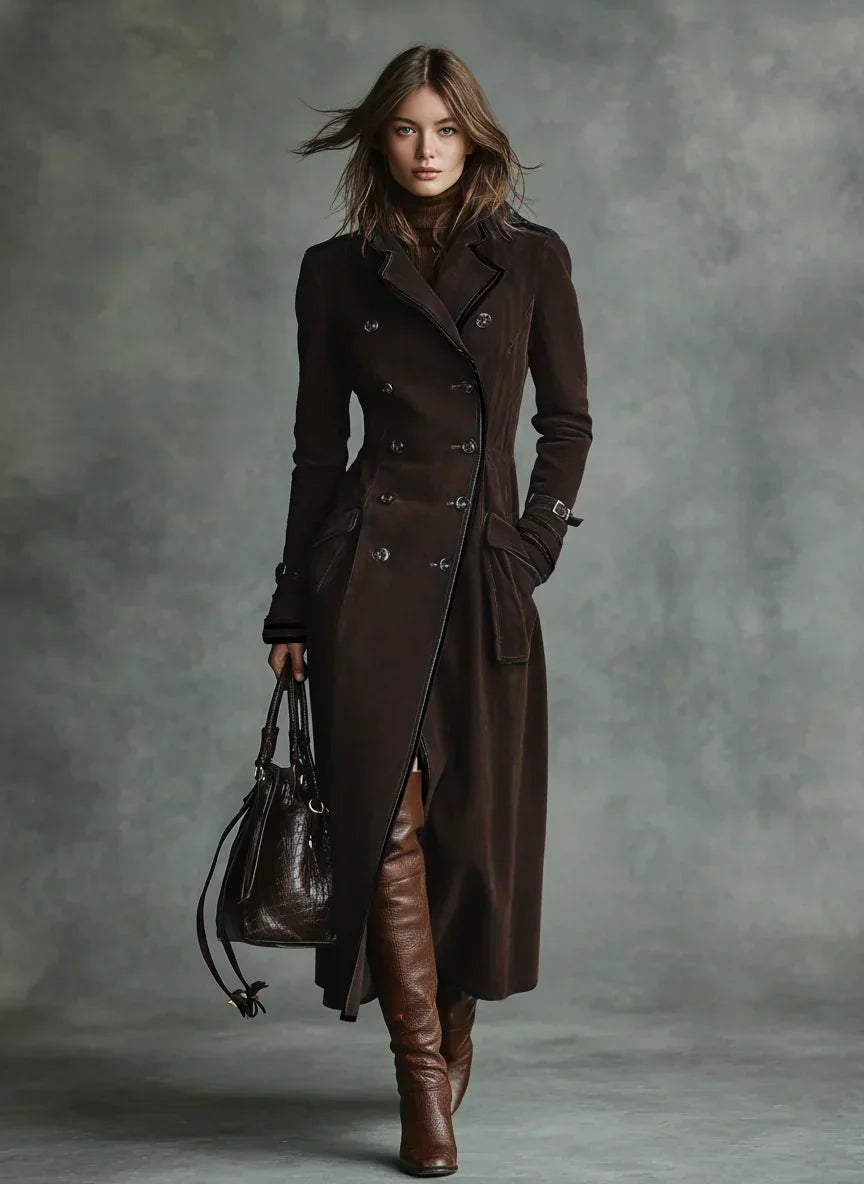 Women's Elegant Double-Breasted Long Coat Tailored Fit Classic Styling