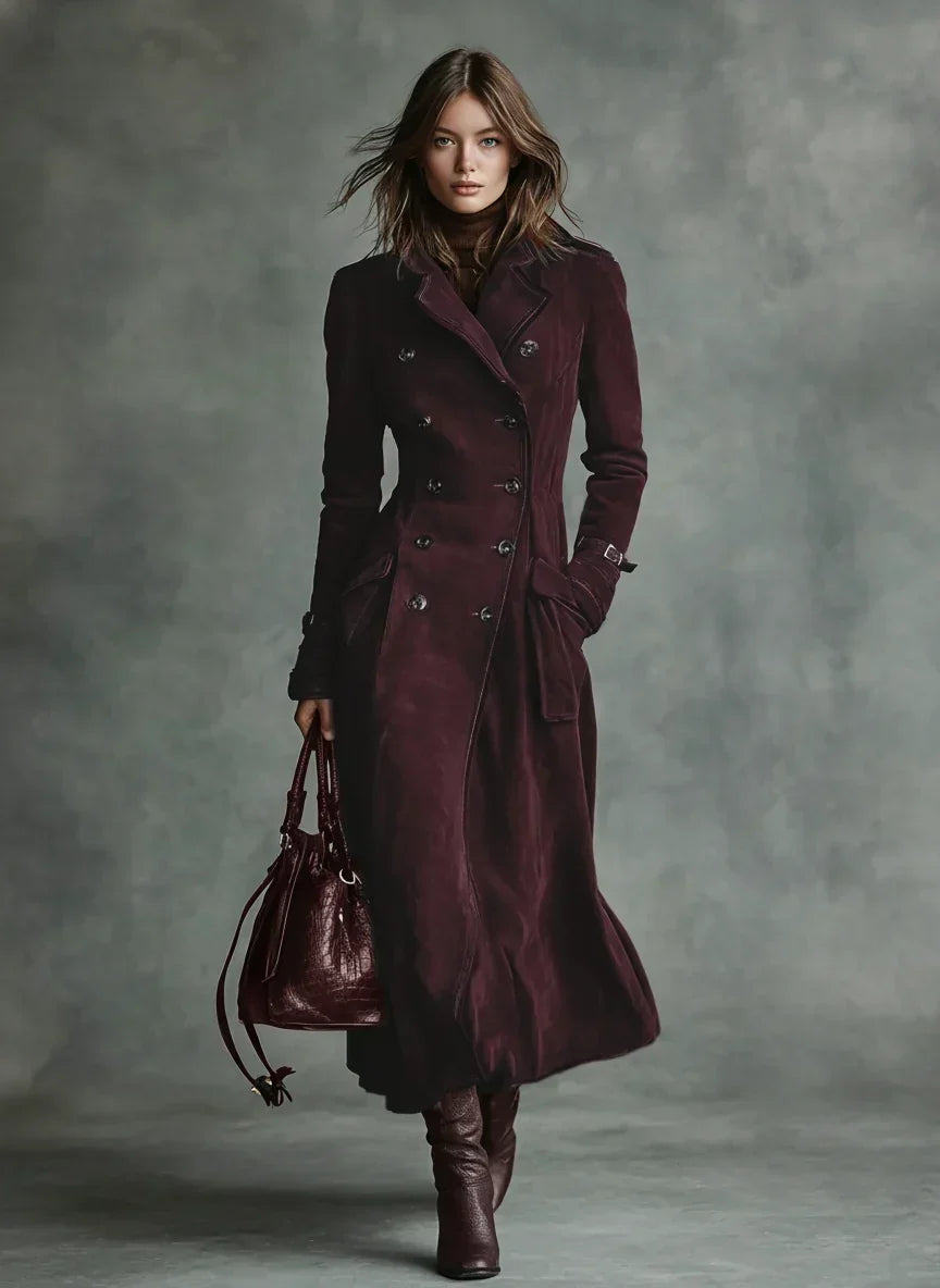 Women's Elegant Double-Breasted Long Coat Tailored Fit Classic Styling