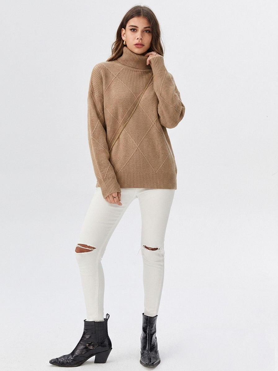 Women's Relaxed Oversized Turtleneck Sweater Ribbed Knit Cozy Casual