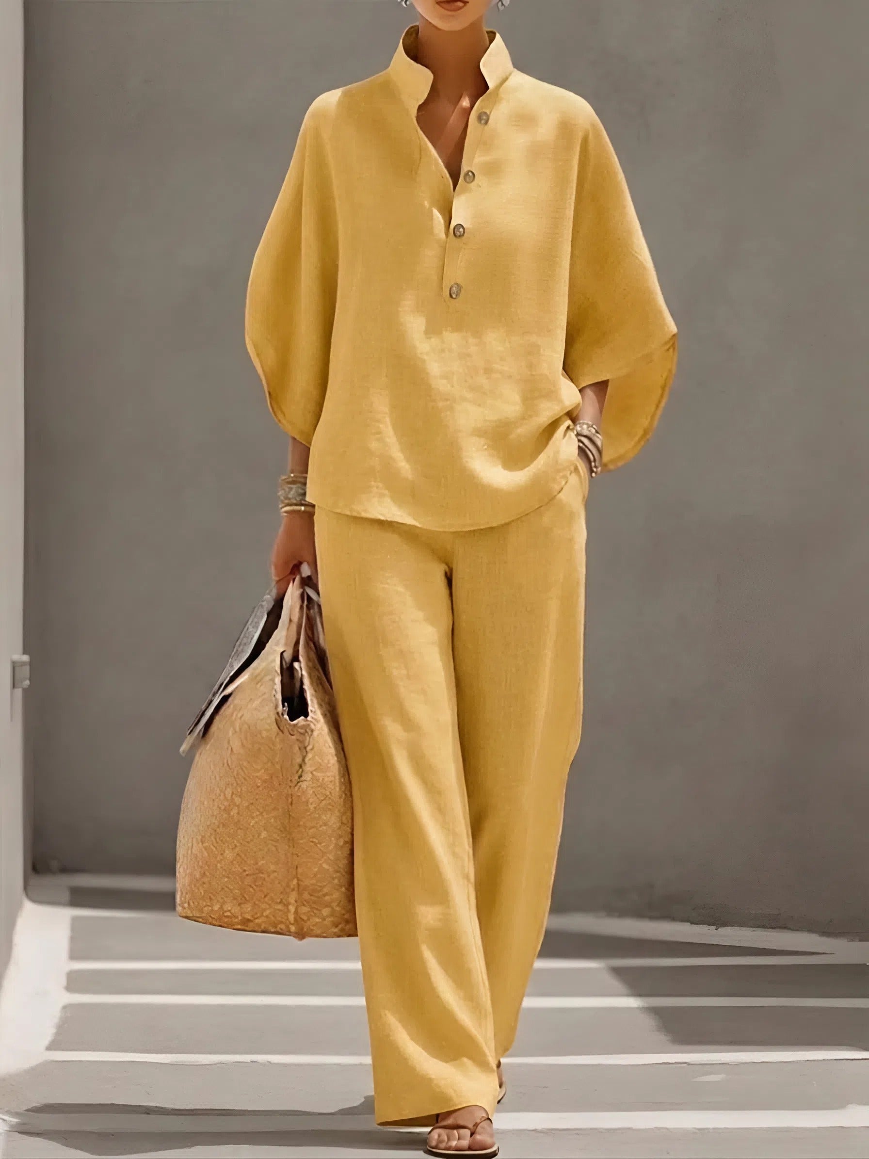 Women's Elegant Wide Leg Two-Piece Set Collared Design Chic Stylish Occasion