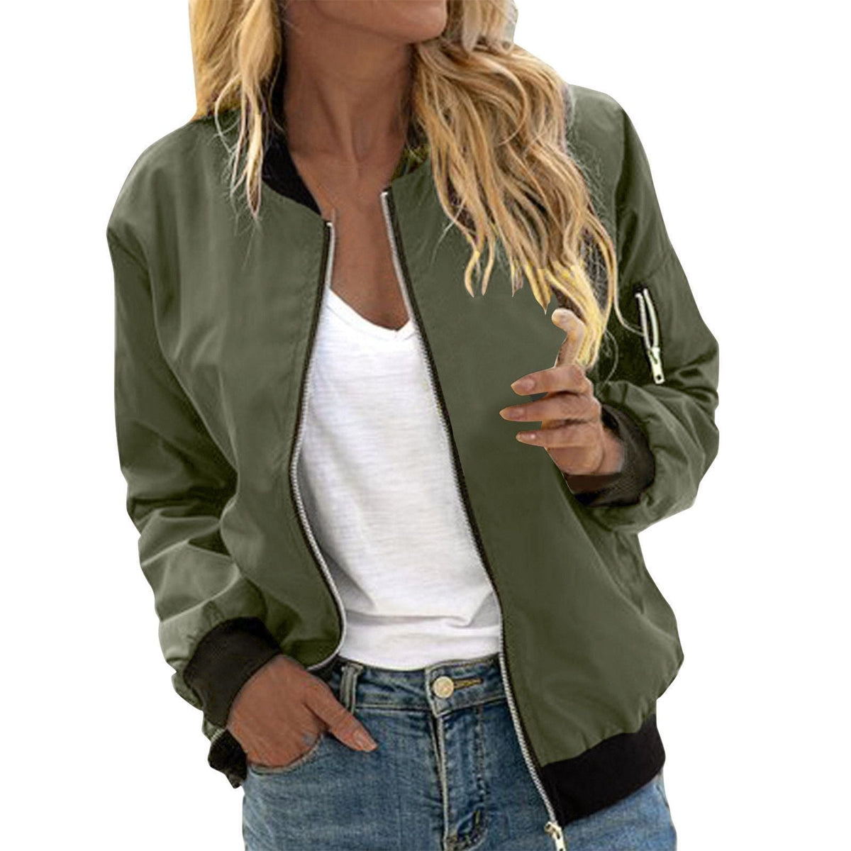Women's Oversized Bomber Jacket Zip-Up Lightweight Casual Everyday Wear