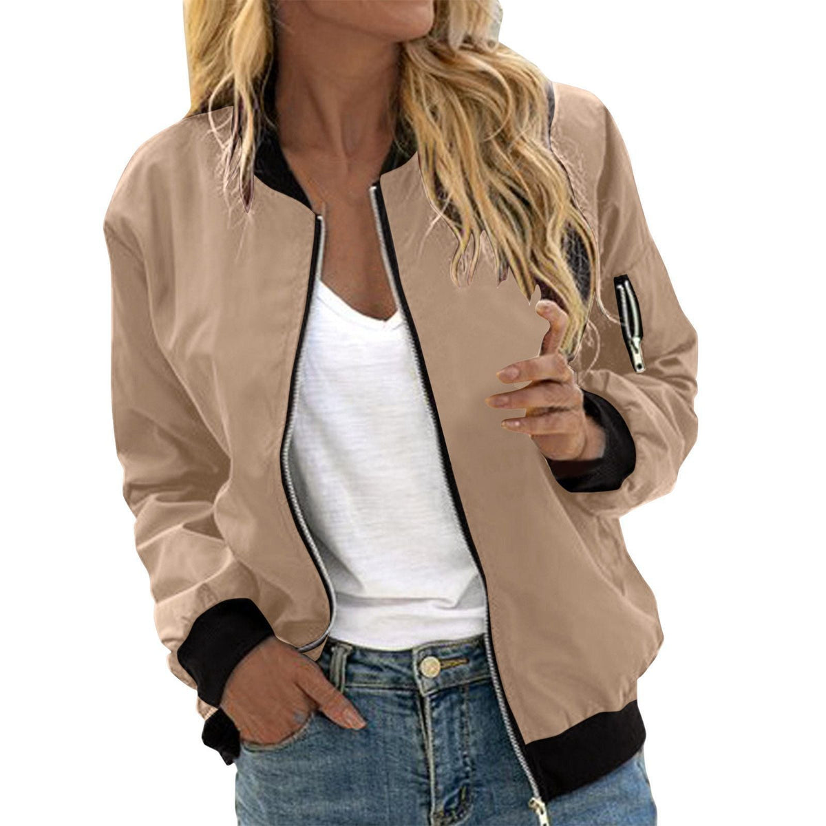 Women's Oversized Bomber Jacket Zip-Up Lightweight Casual Everyday Wear