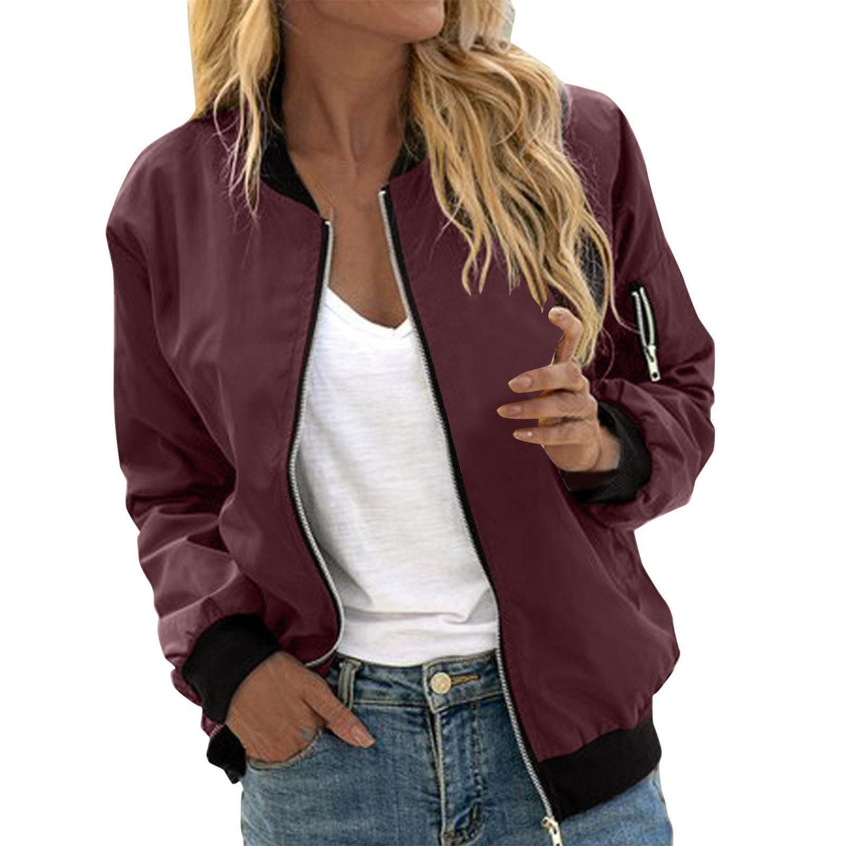 Women's Oversized Bomber Jacket Zip-Up Lightweight Casual Everyday Wear