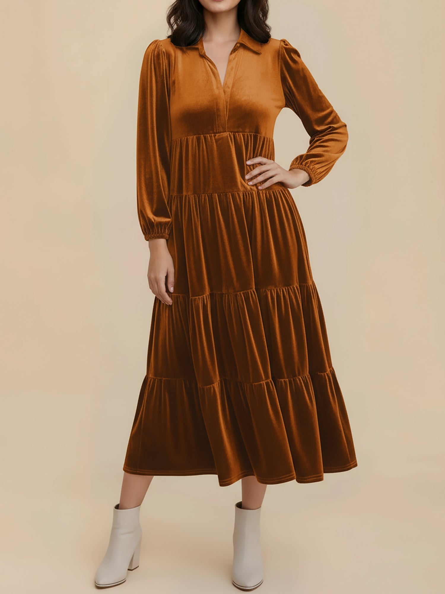 Women's Midi Dress Long Sleeve Collared Tiered Flowy Wedding Guest Style
