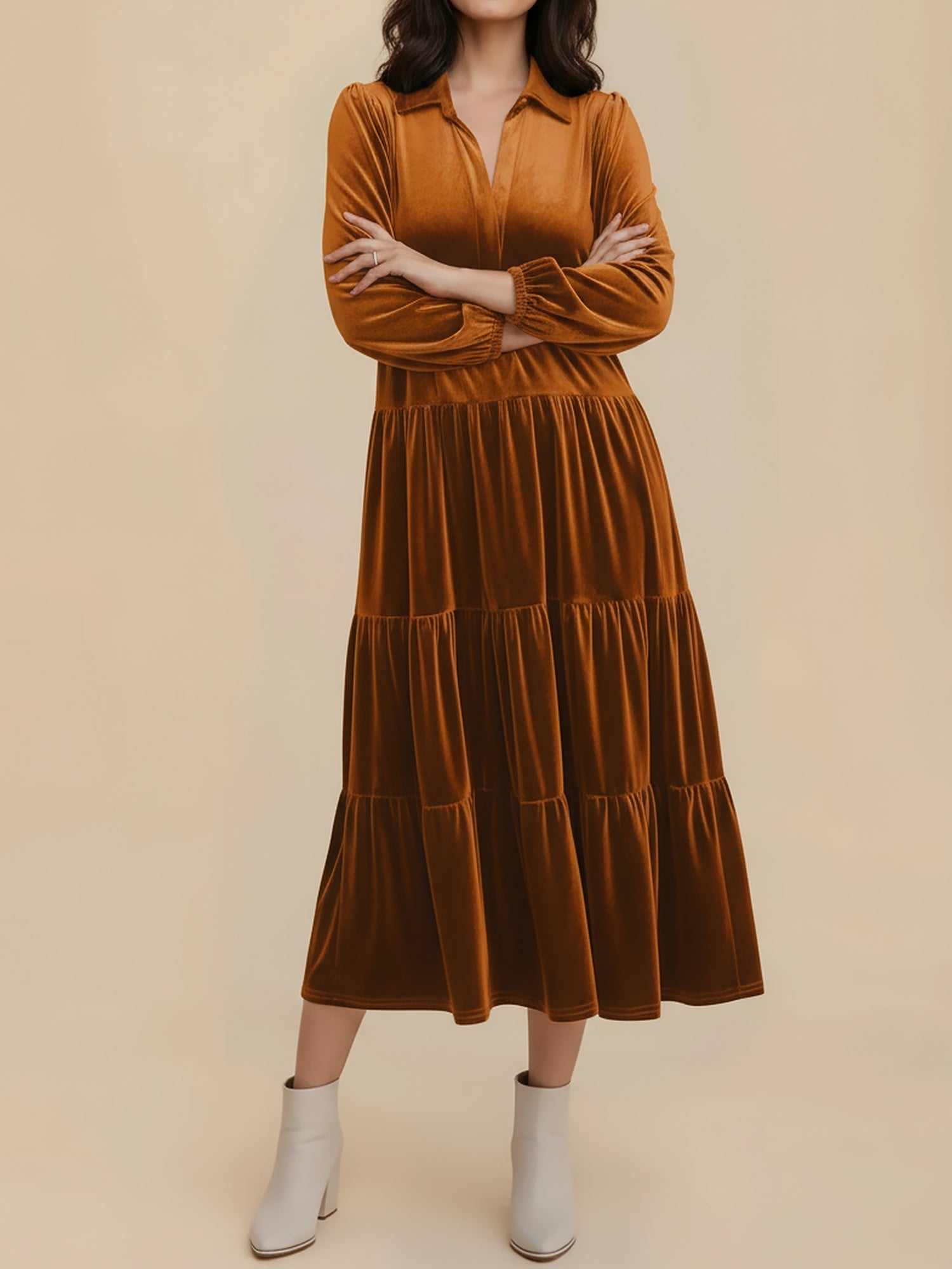 Women's Midi Dress Long Sleeve Collared Tiered Flowy Wedding Guest Style