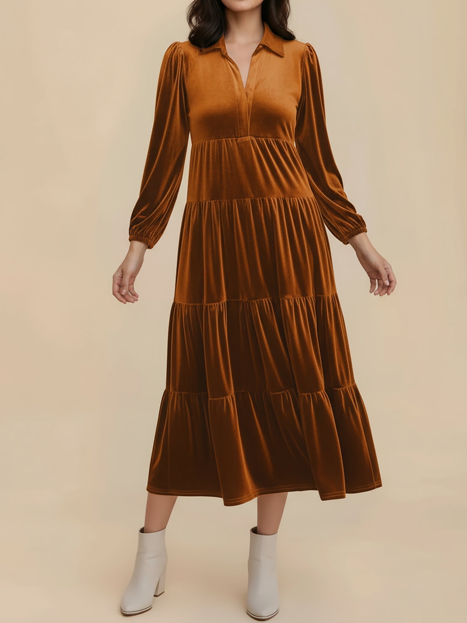 Women's Midi Dress Long Sleeve Collared Tiered Flowy Wedding Guest Style