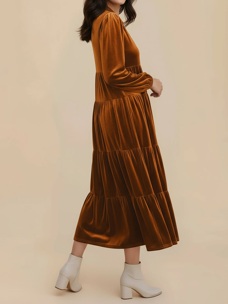 Women's Midi Dress Long Sleeve Collared Tiered Flowy Wedding Guest Style