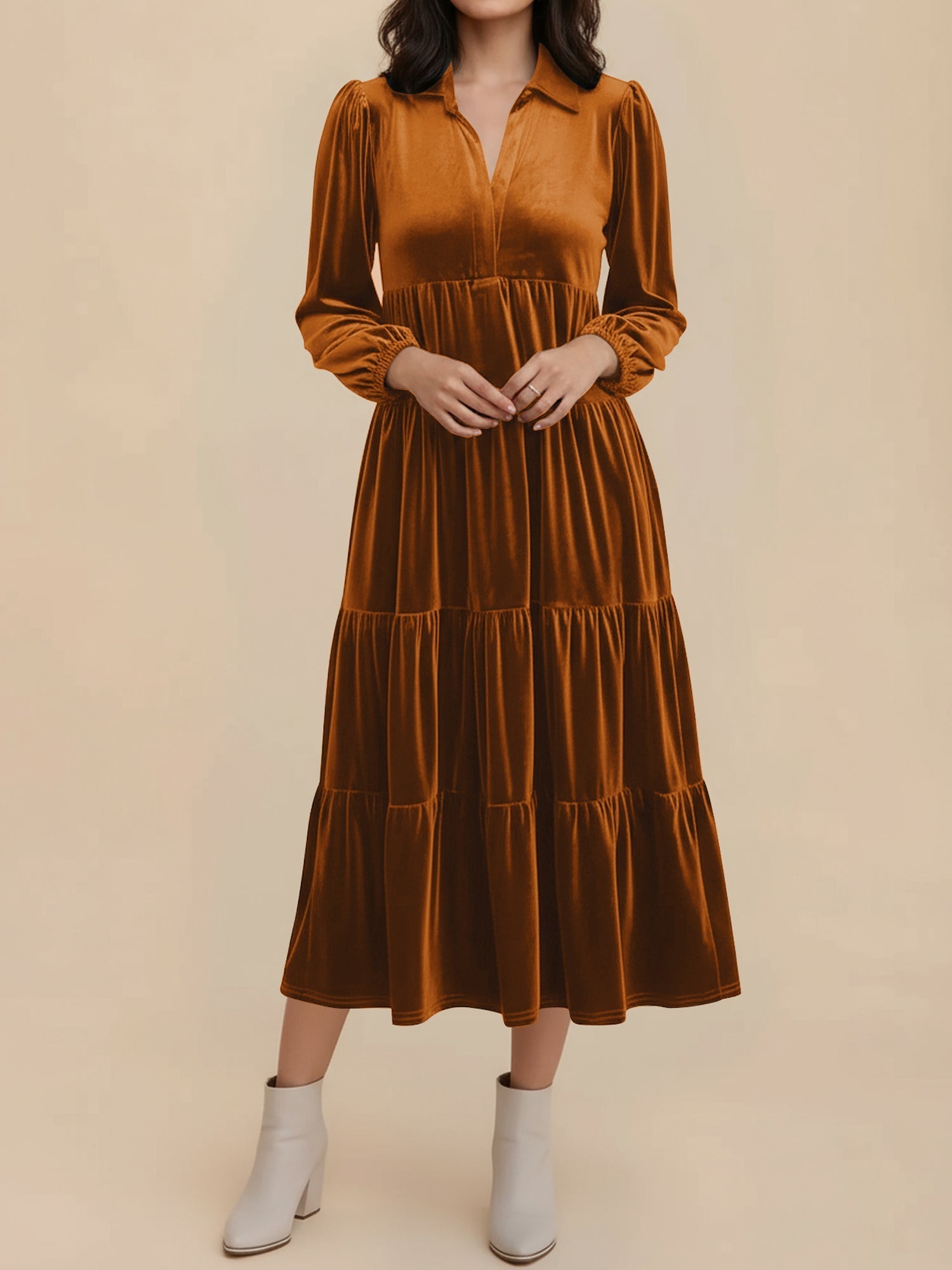 Women's Midi Dress Long Sleeve Collared Tiered Flowy Wedding Guest Style