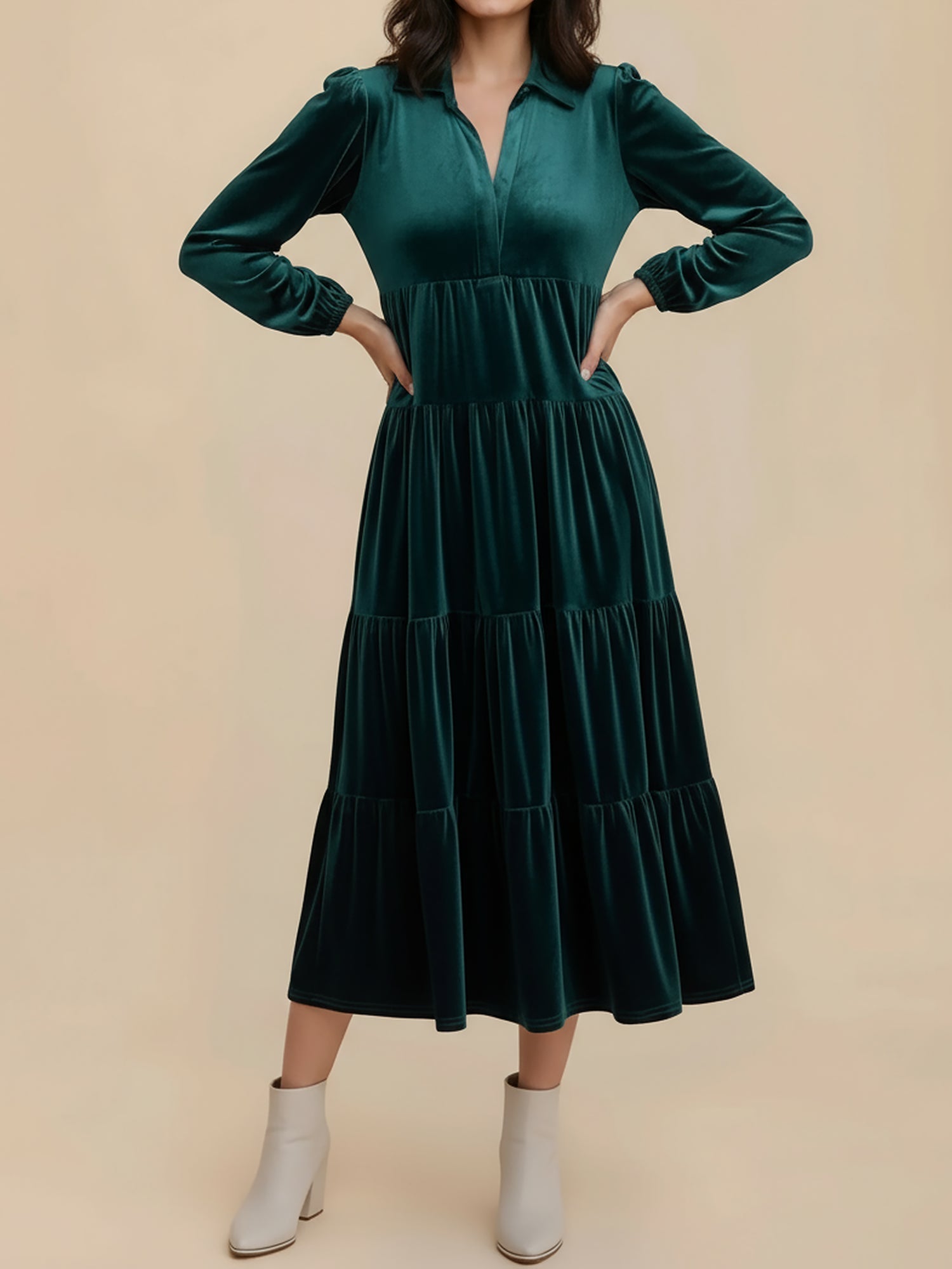 Women's Midi Dress Long Sleeve Collared Tiered Flowy Wedding Guest Style