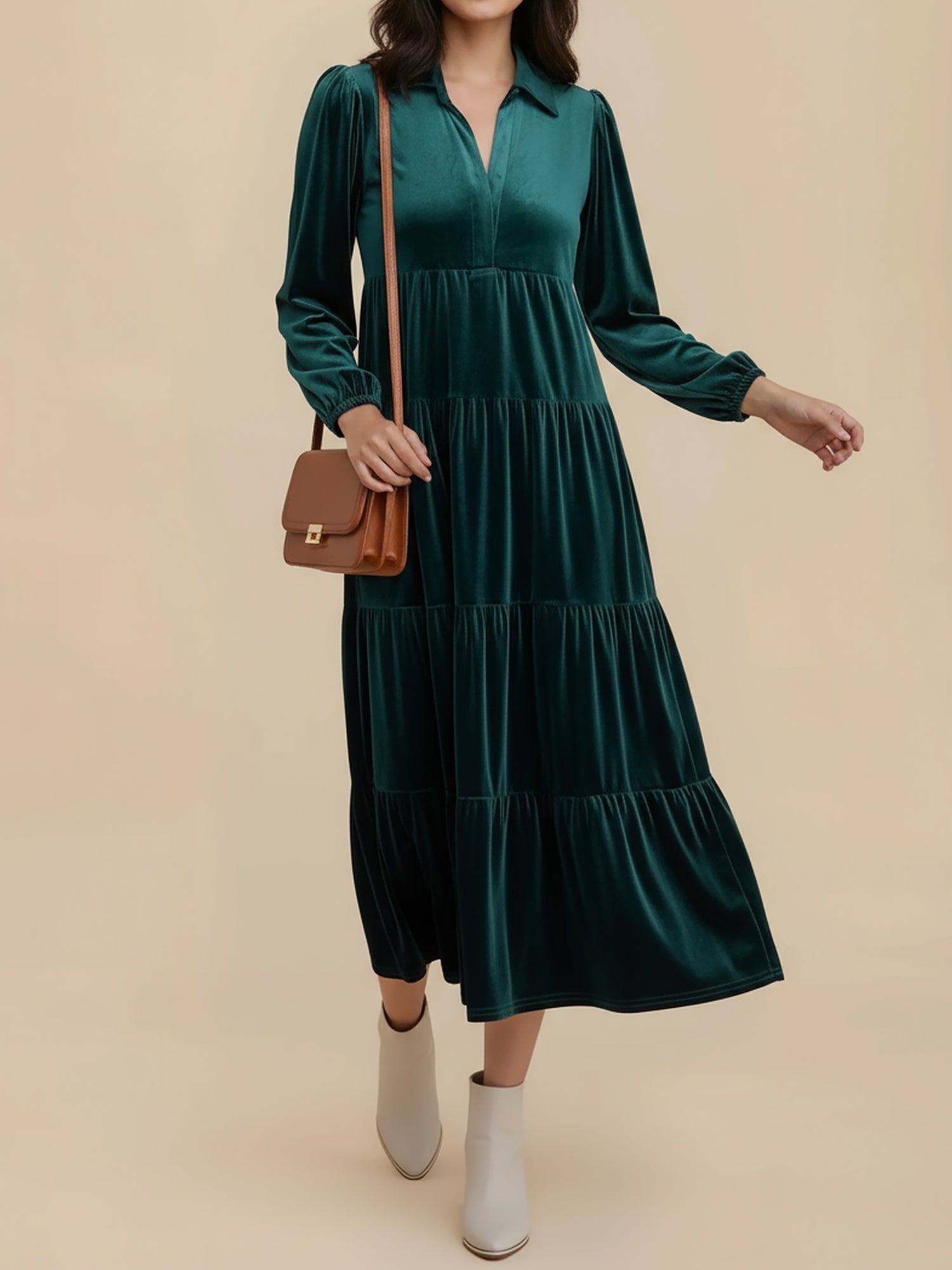 Women's Midi Dress Long Sleeve Collared Tiered Flowy Wedding Guest Style