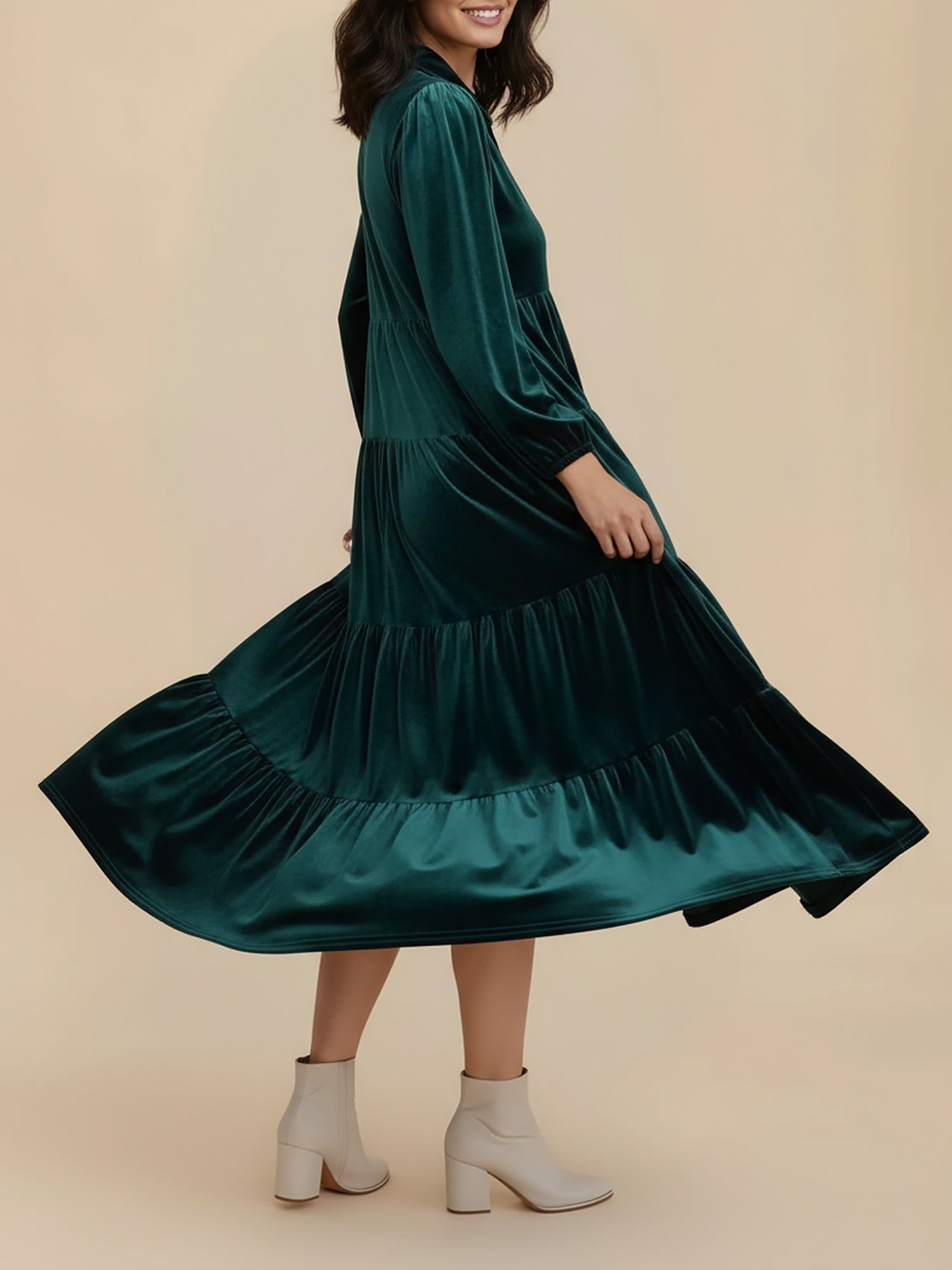 Women's Midi Dress Long Sleeve Collared Tiered Flowy Wedding Guest Style