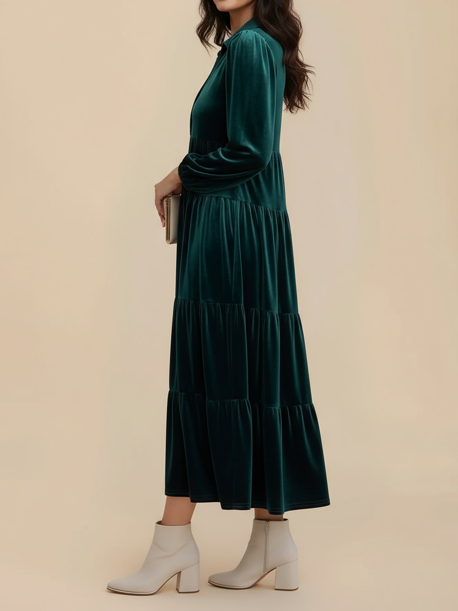 Women's Midi Dress Long Sleeve Collared Tiered Flowy Wedding Guest Style