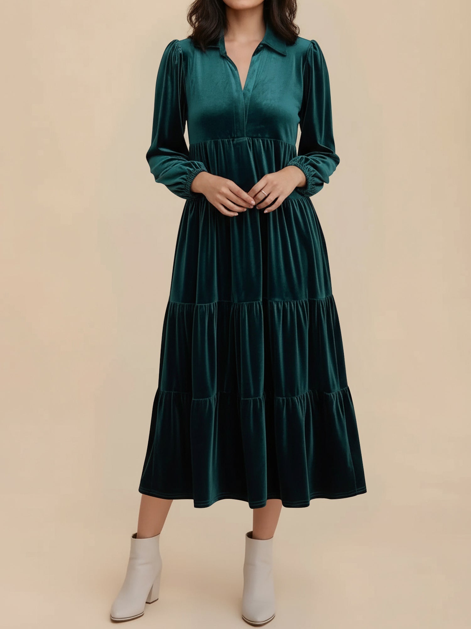 Women's Midi Dress Long Sleeve Collared Tiered Flowy Wedding Guest Style