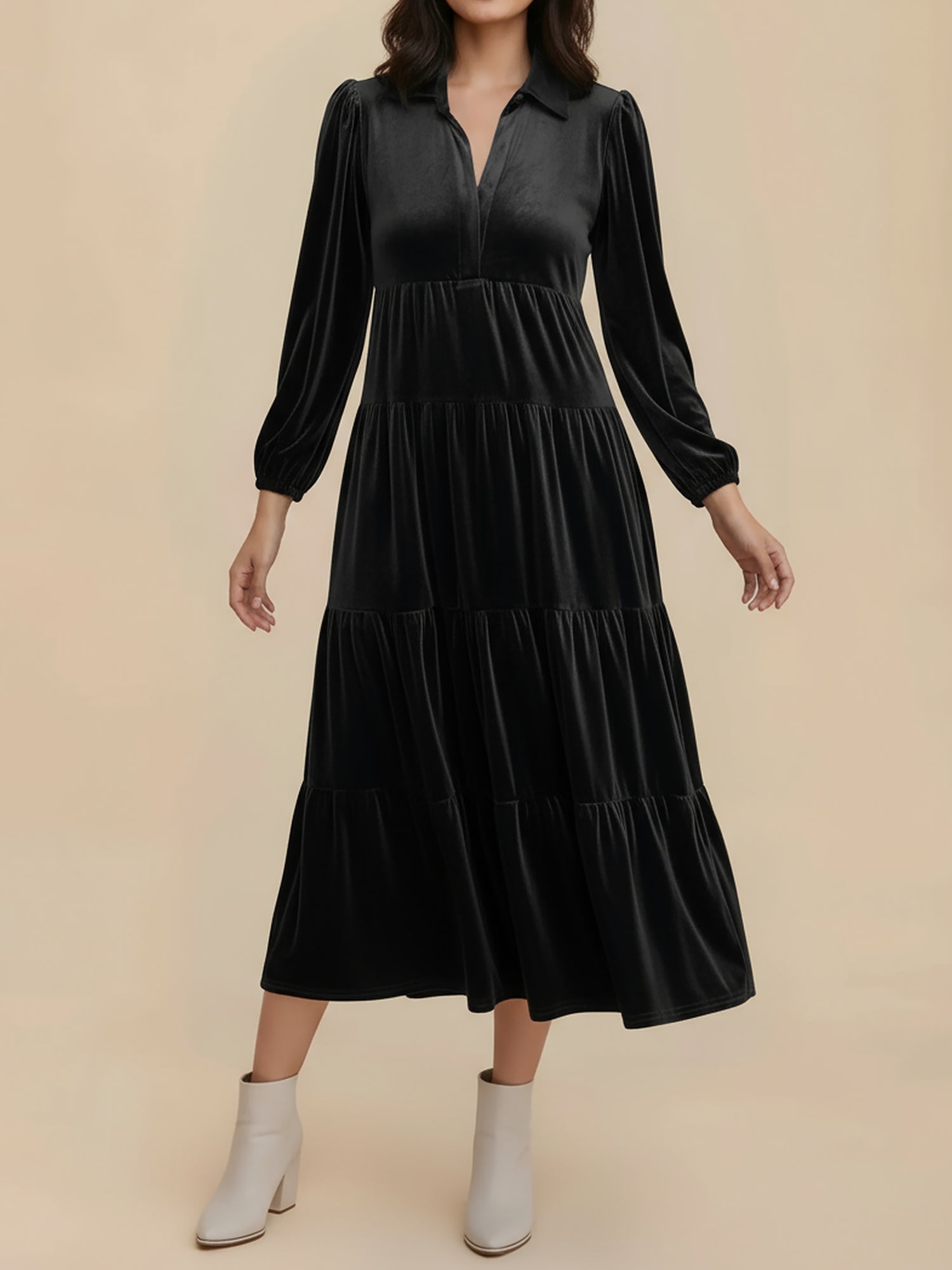 Women's Midi Dress Long Sleeve Collared Tiered Flowy Wedding Guest Style