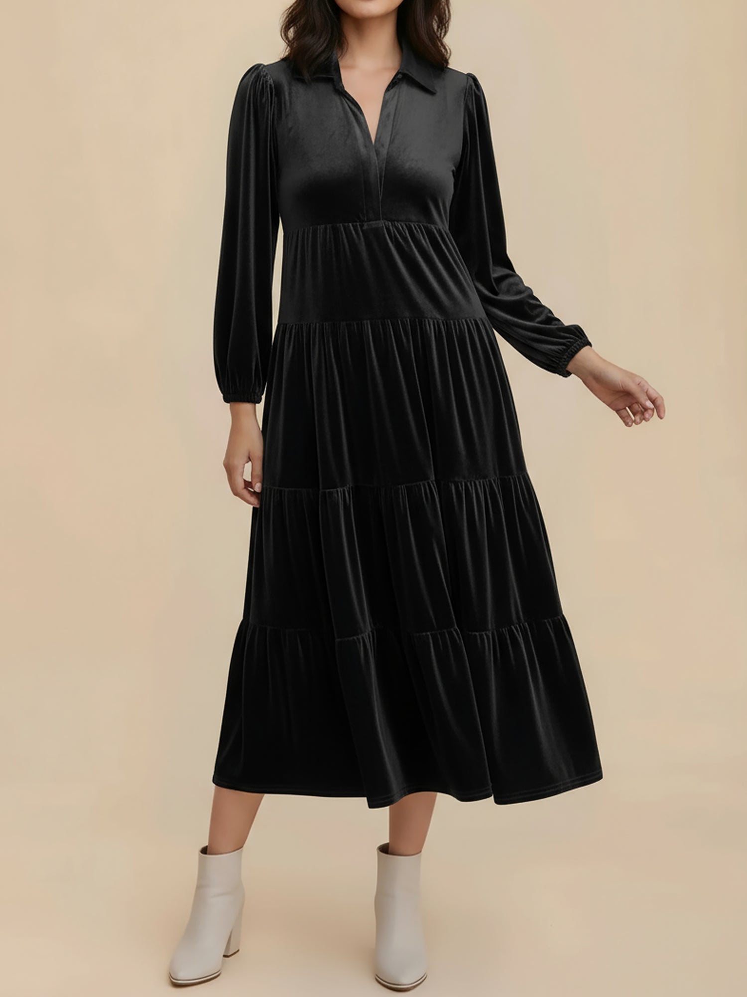 Women's Midi Dress Long Sleeve Collared Tiered Flowy Wedding Guest Style