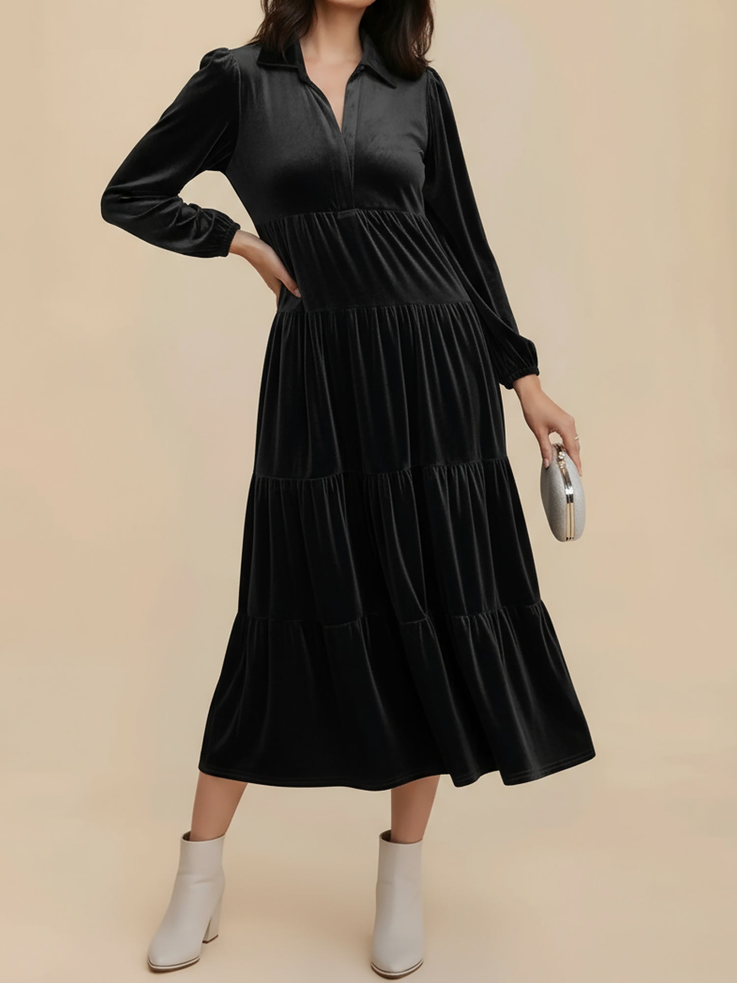 Women's Midi Dress Long Sleeve Collared Tiered Flowy Wedding Guest Style