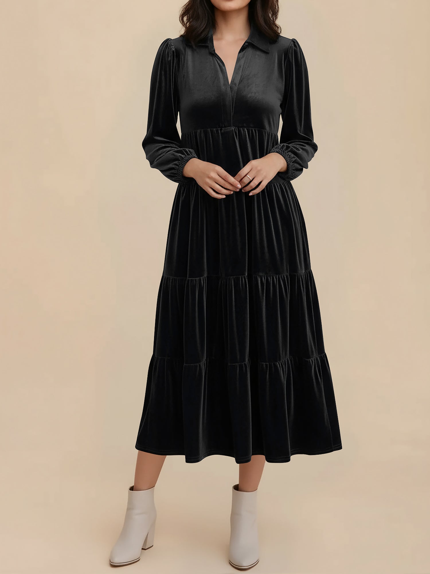 Women's Midi Dress Long Sleeve Collared Tiered Flowy Wedding Guest Style