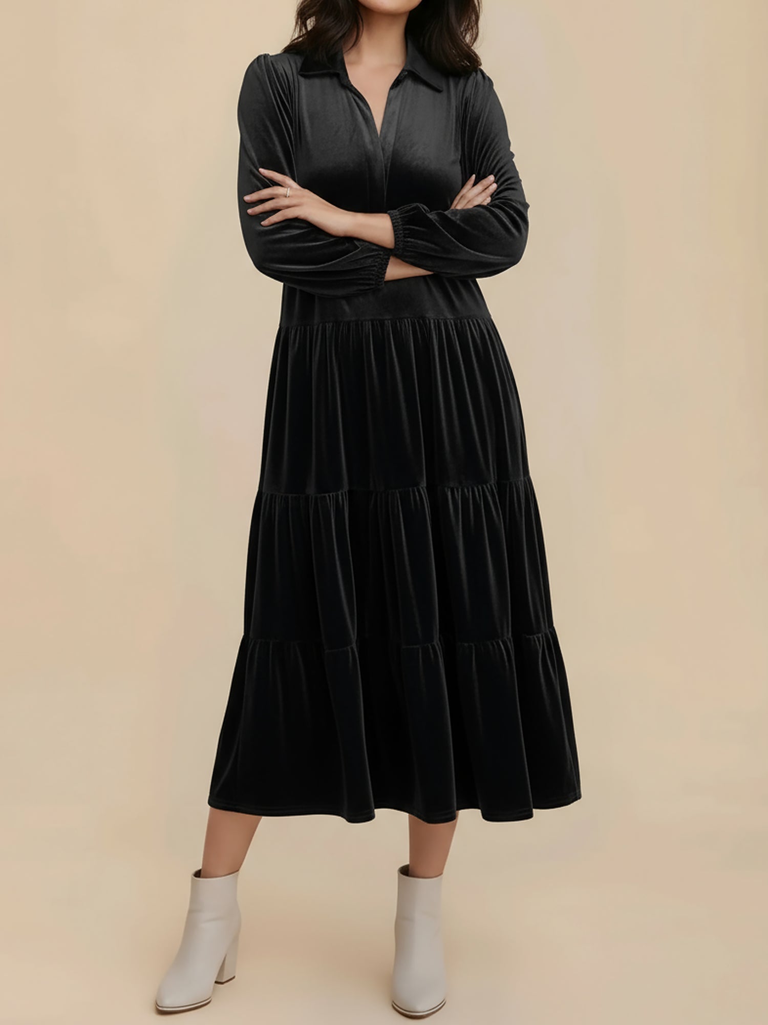 Women's Midi Dress Long Sleeve Collared Tiered Flowy Wedding Guest Style