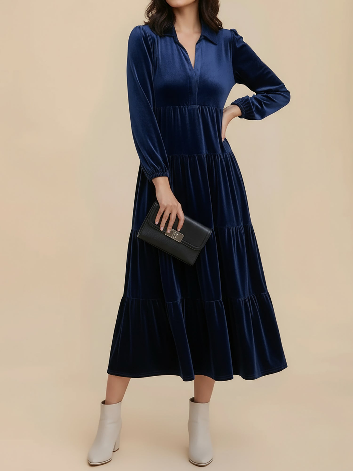 Women's Midi Dress Long Sleeve Collared Tiered Flowy Wedding Guest Style