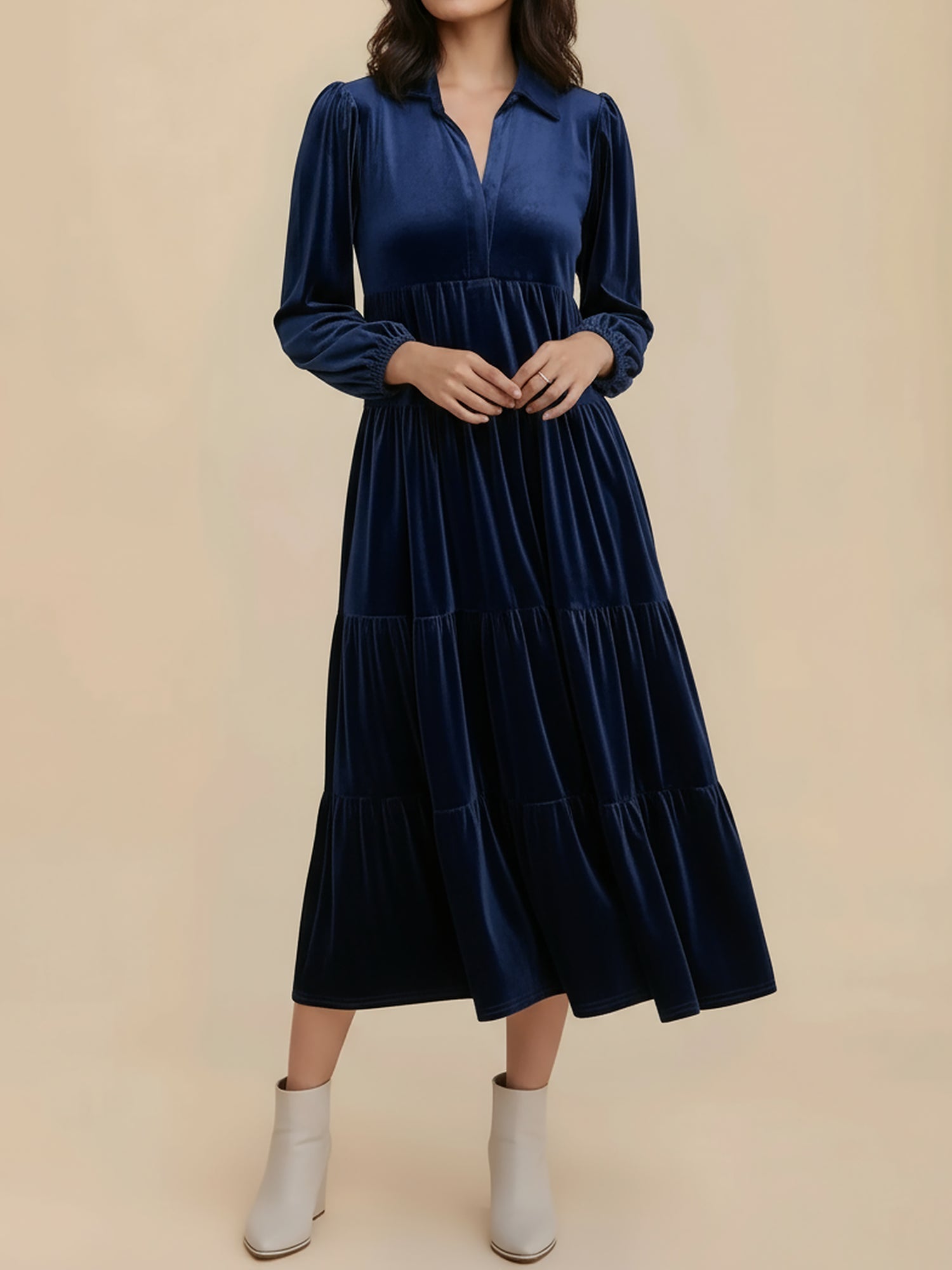 Women's Midi Dress Long Sleeve Collared Tiered Flowy Wedding Guest Style