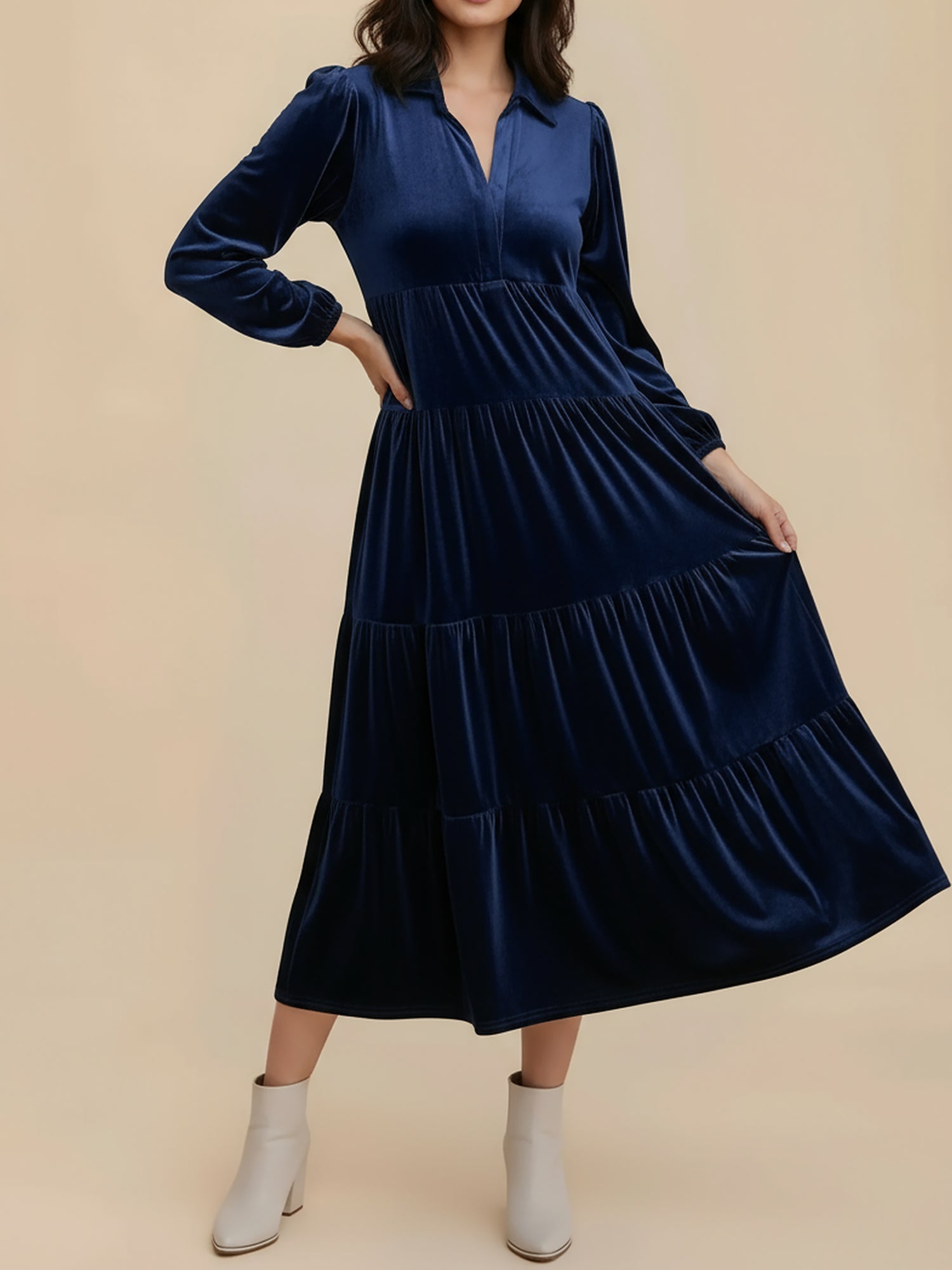 Women's Midi Dress Long Sleeve Collared Tiered Flowy Wedding Guest Style