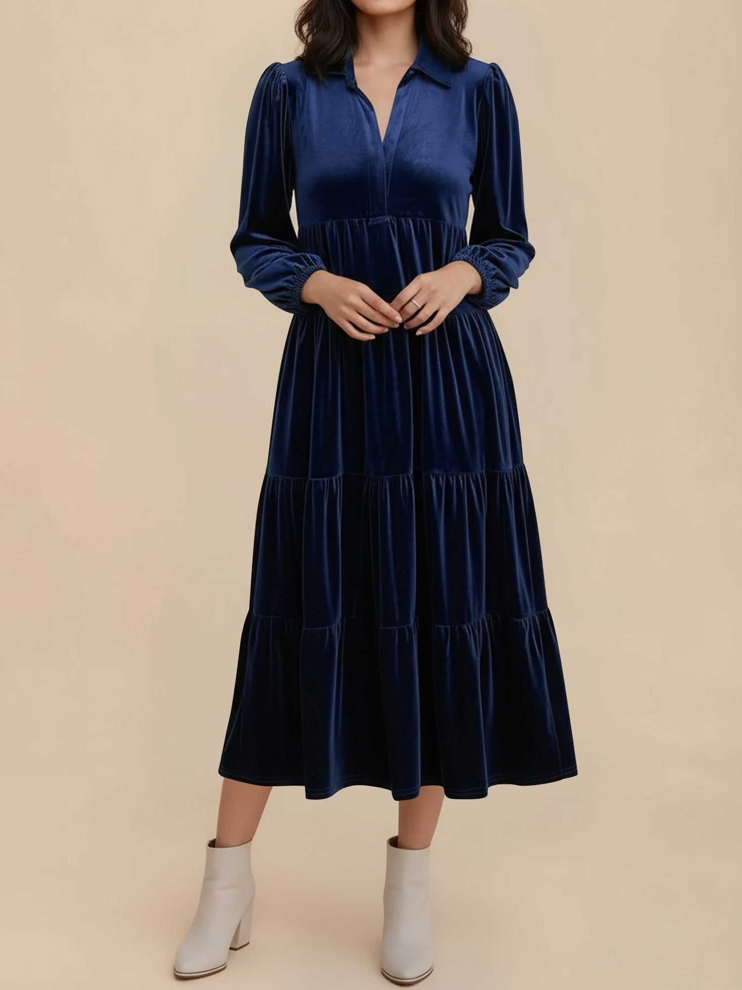 Women's Midi Dress Long Sleeve Collared Tiered Flowy Wedding Guest Style