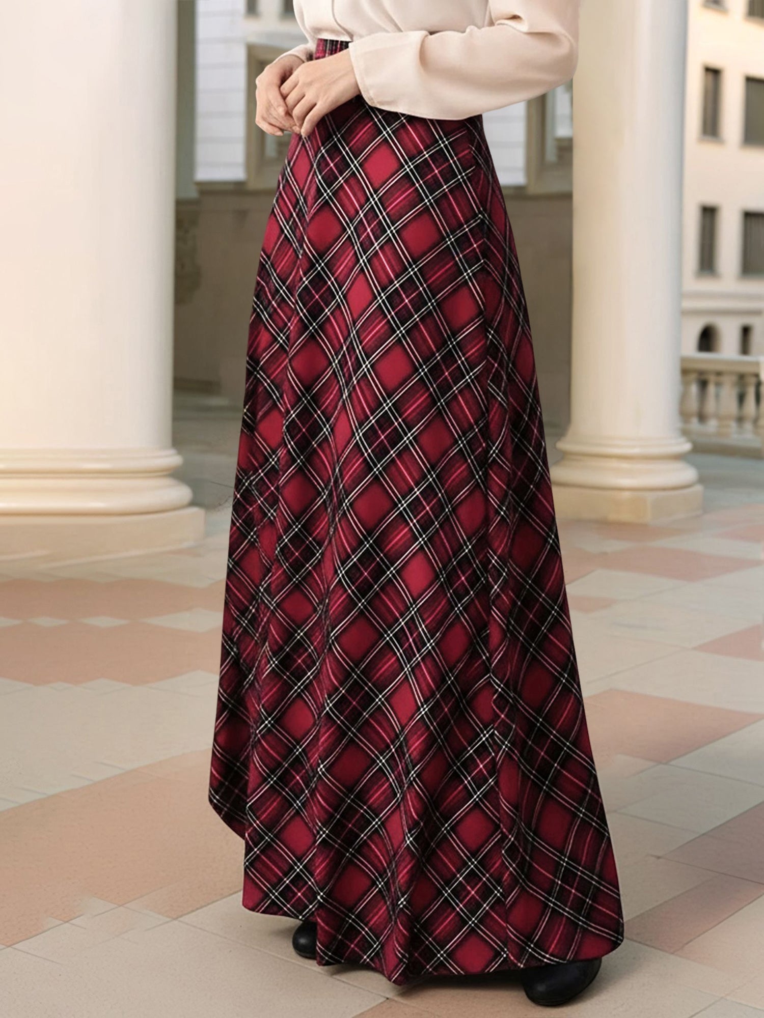 Women's A-Line Maxi Skirt Plaid Pockets Holiday Style Versatile Fashion