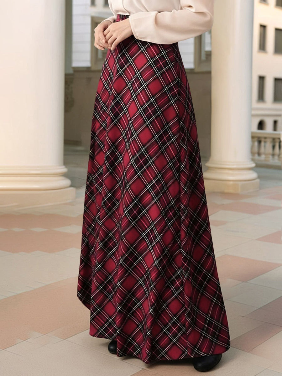 Women's A-Line Maxi Skirt Plaid Pockets Holiday Style Versatile Fashion