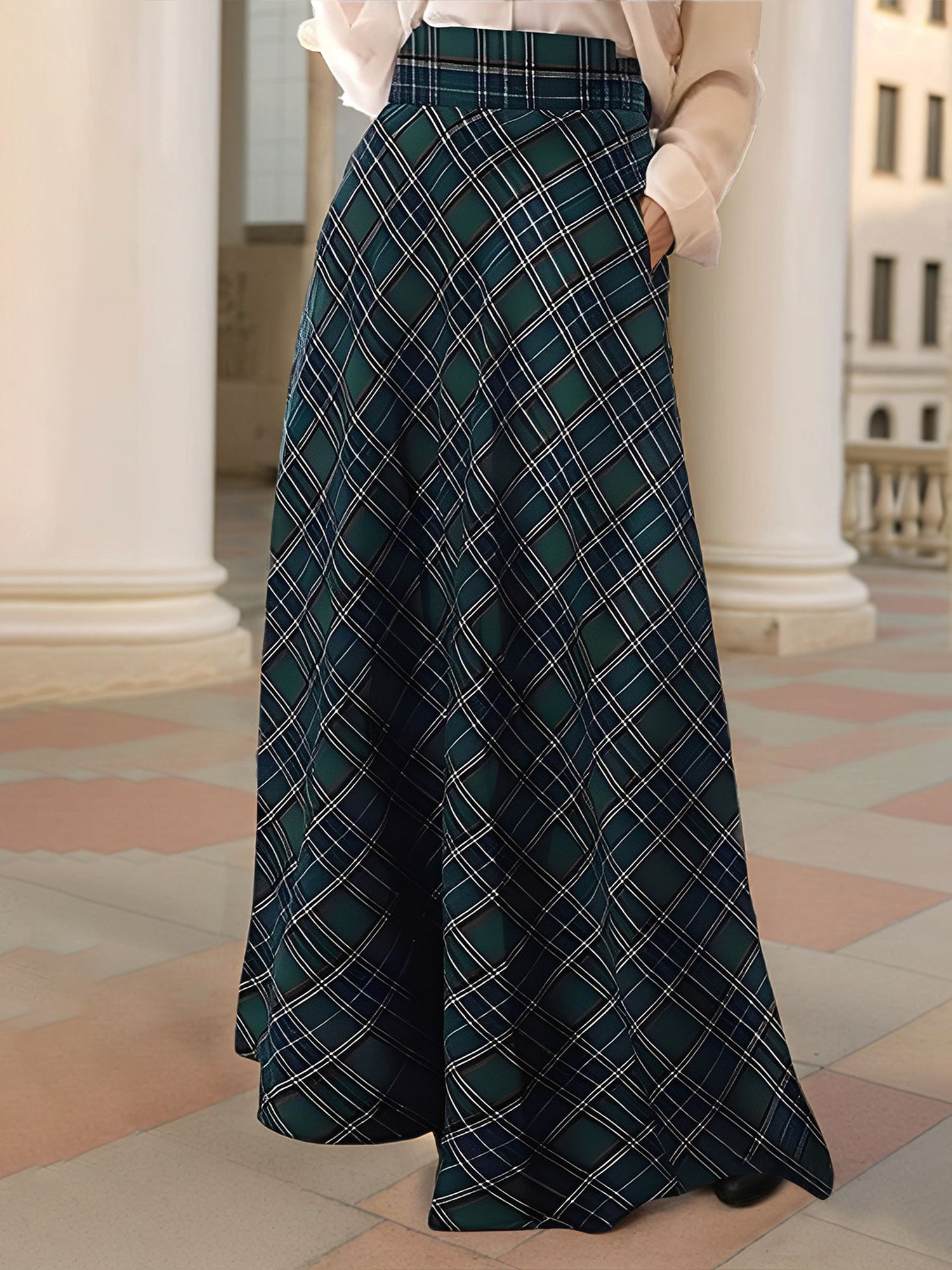 Women's A-Line Maxi Skirt Plaid Pockets Holiday Style Versatile Fashion