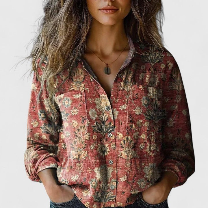 Women's Floral Long-Sleeve Blouse Relaxed Fit Button-Up Stylish Everyday