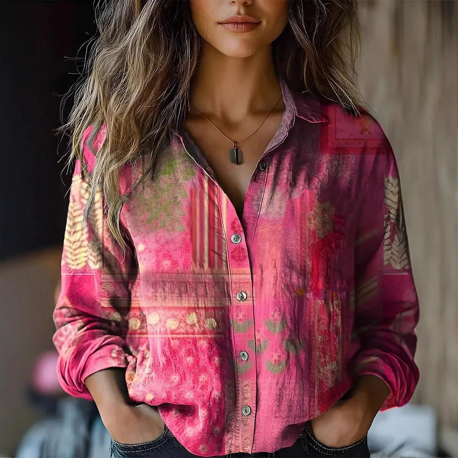 Women's Floral Long-Sleeve Blouse Relaxed Fit Button-Up Stylish Everyday