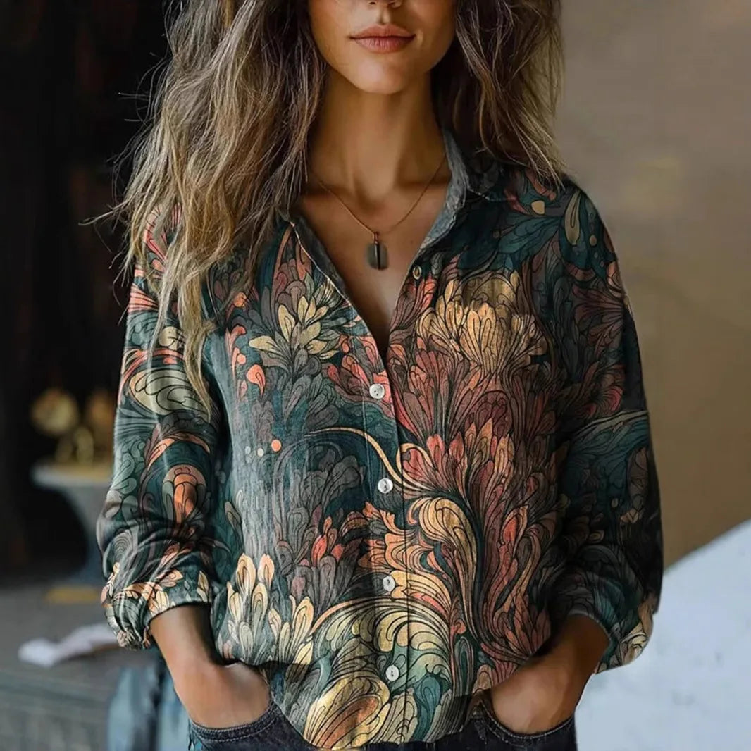 Women's Floral Long-Sleeve Blouse Relaxed Fit Button-Up Stylish Everyday