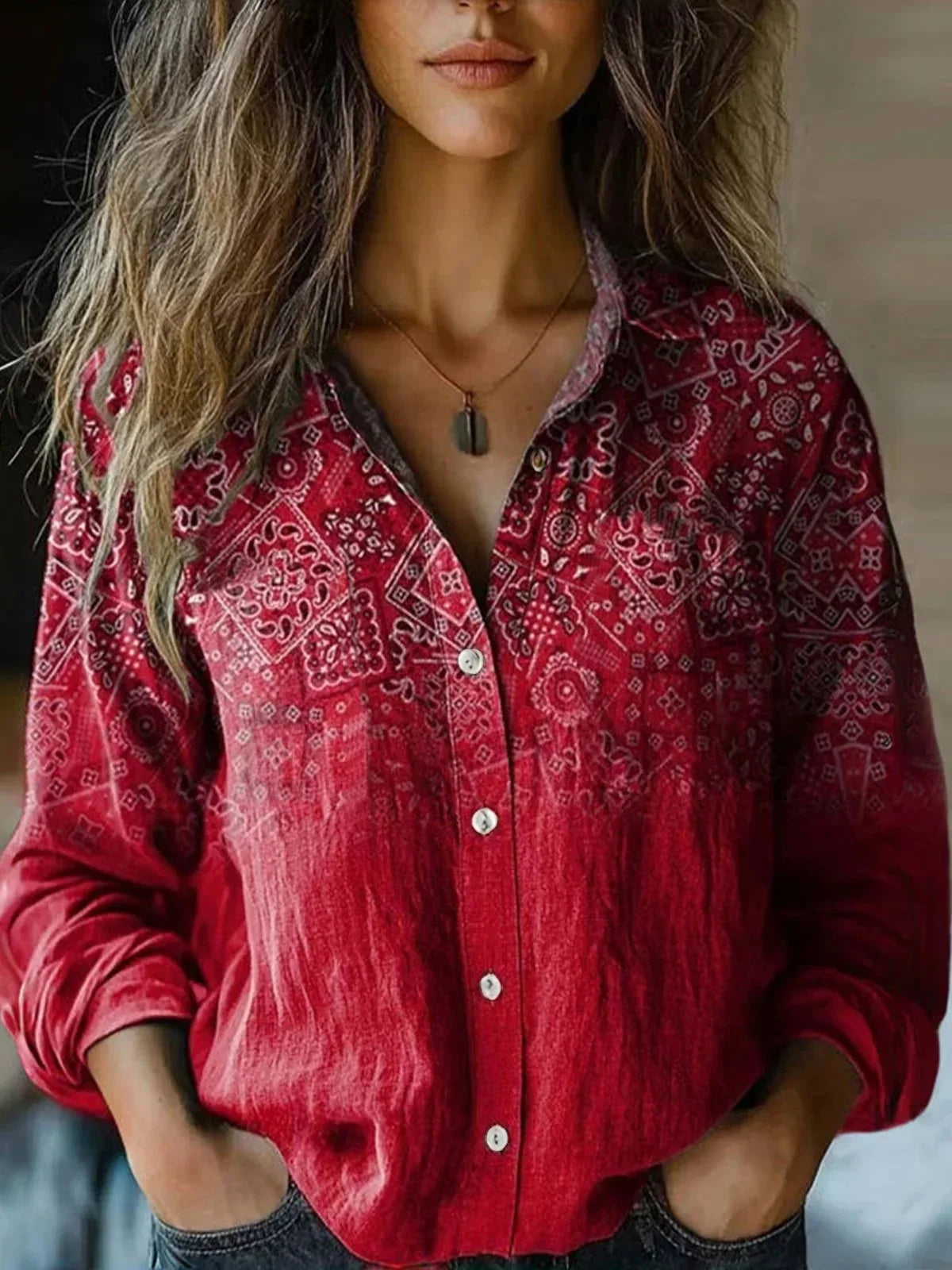 Women's Floral Long-Sleeve Blouse Relaxed Fit Button-Up Stylish Everyday