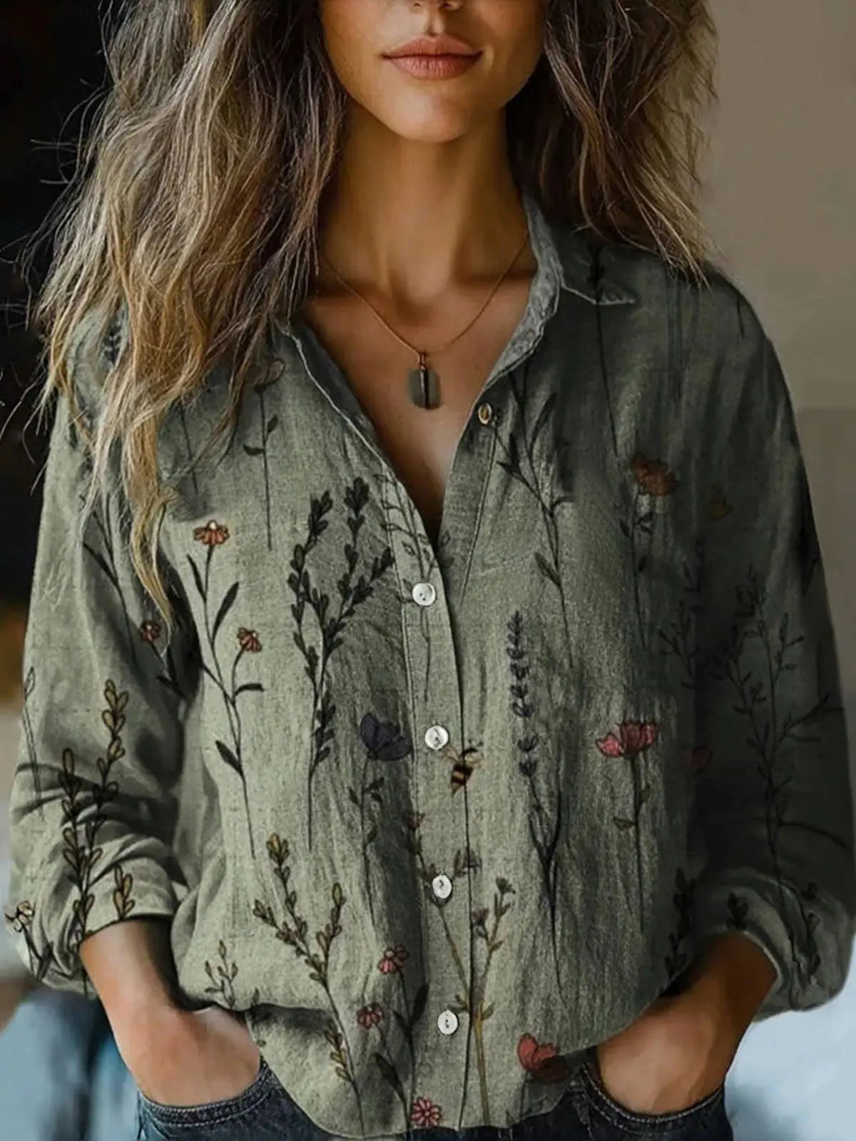 Women's Floral Long-Sleeve Blouse Relaxed Fit Button-Up Stylish Everyday