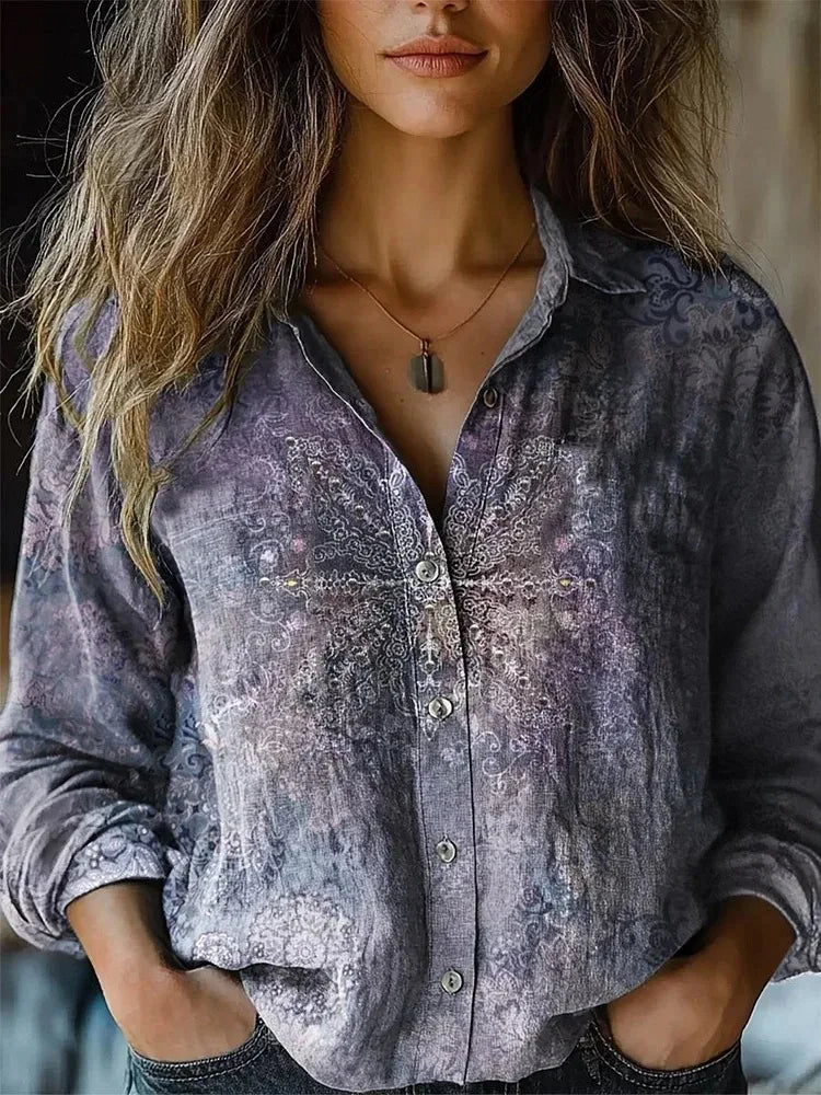 Women's Floral Long-Sleeve Blouse Relaxed Fit Button-Up Stylish Everyday
