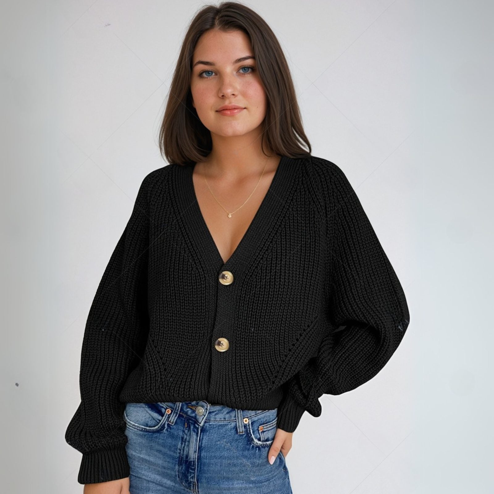 Women's Cropped Cardigan V-Neck Puff Sleeves Stylish Layering Casual
