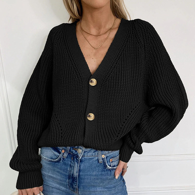 Women's Cropped Cardigan V-Neck Puff Sleeves Stylish Layering Casual