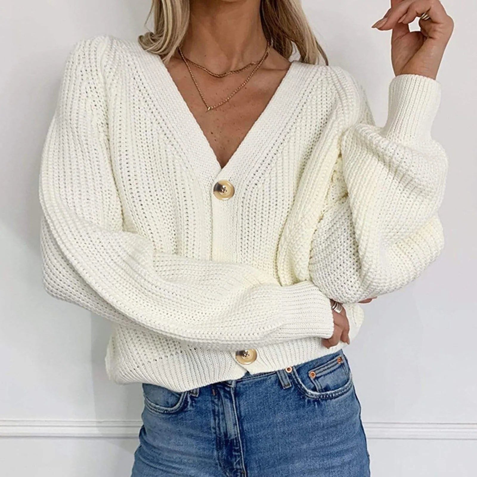 Women's Cropped Cardigan V-Neck Puff Sleeves Stylish Layering Casual