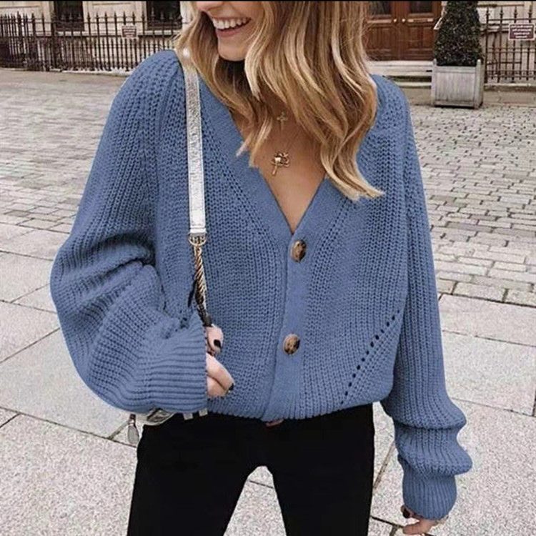 Women's Cropped Cardigan V-Neck Puff Sleeves Stylish Layering Casual
